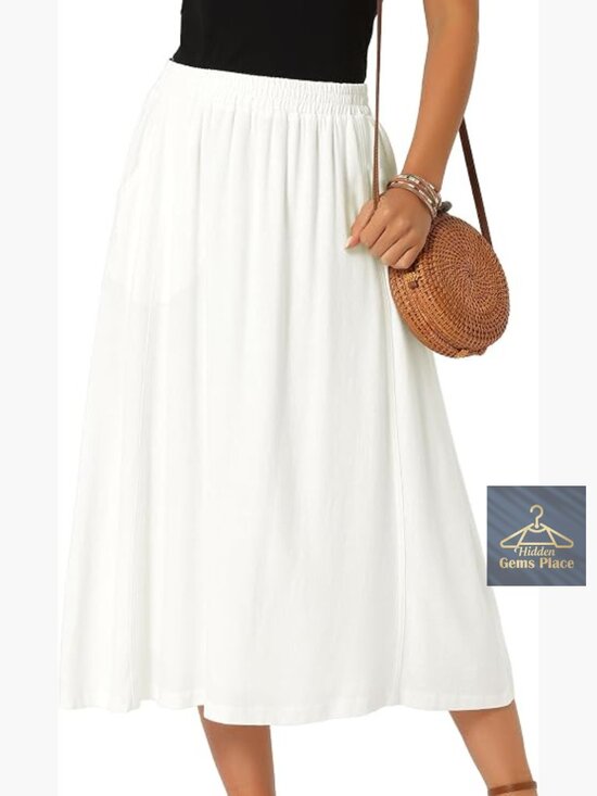 Dresses & Skirts - Flowy Linen Midi Skirt with Pockets High Waist A-Line Summer